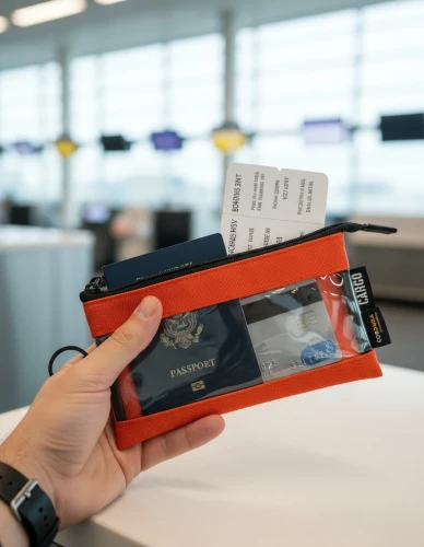 airport check-in counter. The pouch has a transparent PVC front window in its original position and size, showing travel documents .webp